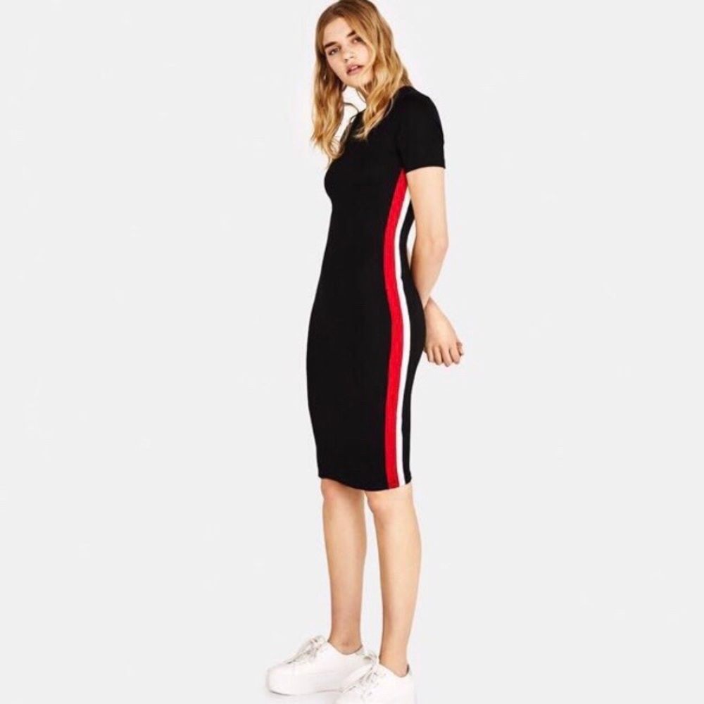 Bershka Midi Black Bodycon Dress with Red and White Stripe in Small